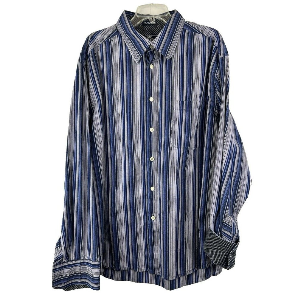 Robert Graham R&G London New‎ York Mens XL Button Striped Shirt Flip Cuff Blue